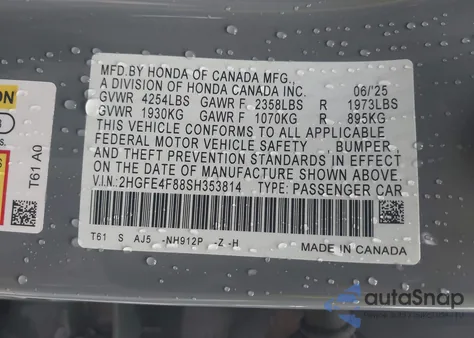 2025 Honda Civic Hybrid Sport/Sport Touring z USA, uszkodzony, nr VIN 2HGFE4F88SH353814